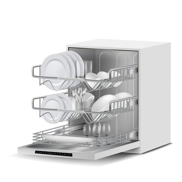 Vector 3d realistic white dishwasher machine with three metal racks, filled with clean plates, glasses, cups, cutlery, side view isolated on background. Modern household appliance for washing dishes